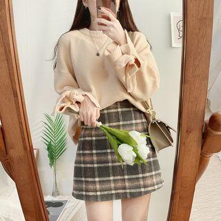Crew-neck Sweater / Plaid A-line Skirt / Set