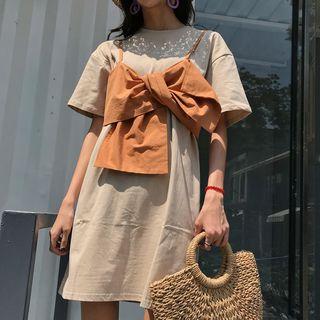 Set: Short-sleeve T-shirt Dress + Spaghetti-strap Bow Top