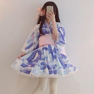 3/4-sleeve Printed Top / A-line Skirt / Belt