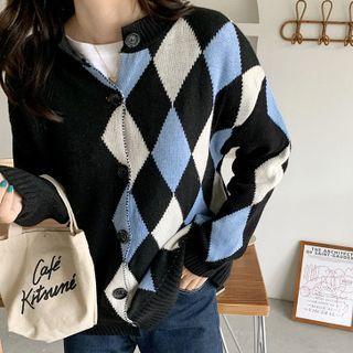Argyle Color Panel Cardigan Black & Blue - One Size