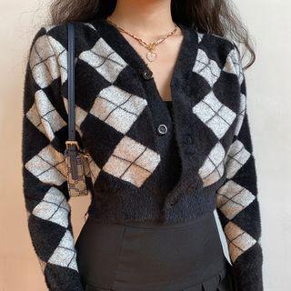 V-neck Argyle Slim Fit Cropped Cardigan Black - One Size