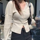 Long-sleeve V-neck Slit Cardigan
