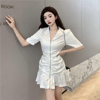 V-neck Zip Up Ruched Mermaid Dress