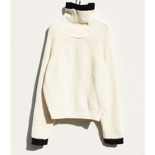 Color Block Chunky Knit High Neck Sweater