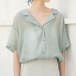 Elbow-sleeve Chiffon Shirt Light Green - One Size