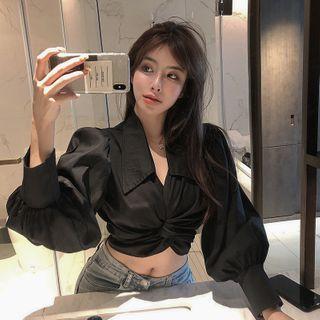 Lantern-sleeve Twisted Plain Cropped Top