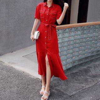 Tie-waist Elbow-sleeve Maxi A-line Shirtdress Wine Red - Xl
