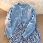 Long-sleeve Plain Cardigan / Floral High-waist Skirt