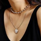 Set: Alloy Heart Pendant Necklace + Choker 0380 - Set - Silver - One Size