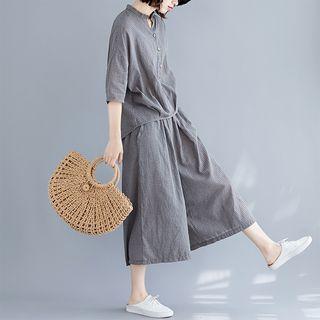 Set: 3/4-sleeve Checker Top + Cropped Wide-leg Pants