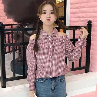 Cutout-shoulder Gingham Blouse