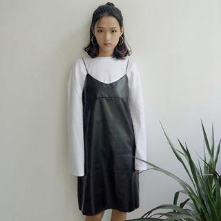 V-neck Faux-leather Spaghetti Strap Dress