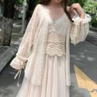 Eyelet Lace Camisole / Open Front Jacket / Midi A-line Skirt