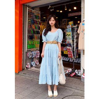 Tiered Long Dress & Belt Set Light Blue - One Size