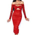 Off-shoulder Cutout Shirred Bodycon Dress