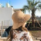 Flower-accent Beribboned Sun Hat Brown - One Size