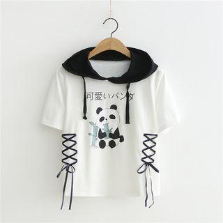 Short-sleeve Lace-up Panda Print Hoodie