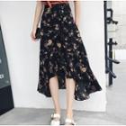 Asymmetric Hem Floral Print Midi A-line Skirt