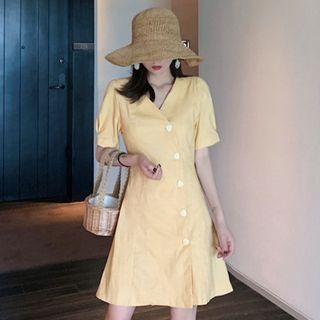Diagonal Buttoned Short-sleeve A-line Dress