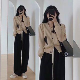 Heart Print Cardigan / Wide Leg Pants / Set