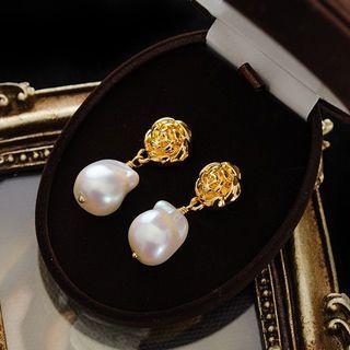 Genuine Pearl Floral Drop Earring 1 Pair - Rose - Gold - One Size