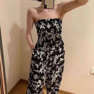 Strapless Flower Print Wide-leg Jumpsuit