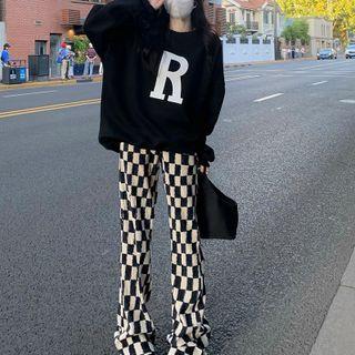 Lettering Sweatshirt / Plaid Bootcut Pants