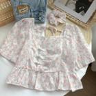 Short-sleeve Floral Print Frog-buttoned Lace Crop Top