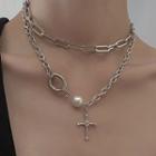 Cross Pendant Faux Pearl Layered Choker Necklace Silver - One Size