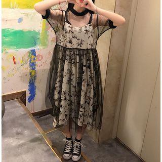 Set: Short-sleeve Mesh Dress + Printed Spaghetti Strap Dress