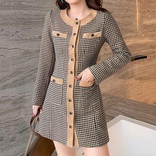 Long-sleeve Button-up Houndstooth Mini Sheath Dress