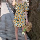 Short-sleeve Cold Shoulder Floral Print Mini Sheath Dress