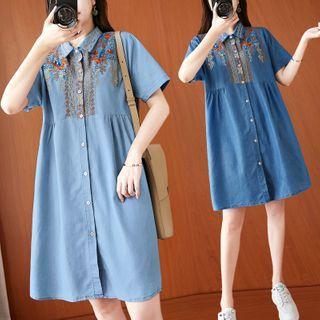 Embroidered Denim Short-sleeve A-line Shirtdress