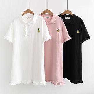 Short-sleeve Pineapple Embroidered Mini Polo Shirt Dress White - One Size