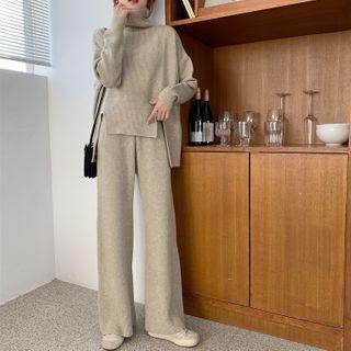 Set: Asymmetrical Turtleneck Sweater + Wide-leg Pants