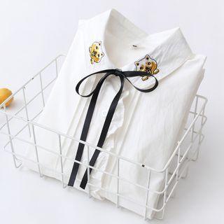 Ribbon Tie-neck Dog Embroidered Shirt