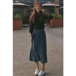 Set: Fray Hem Midi Skirt + Plain 3/4 Sleeve T-shirt Dress