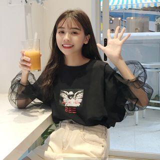Mesh Panel Printed Long-sleeve T-shirt