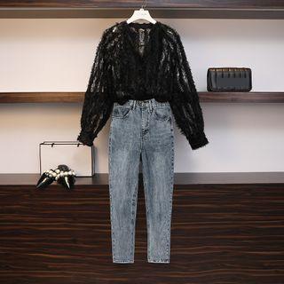 Set: Long-sleeve Lace Blouse + Harem Jeans + Camisole Top
