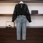 Set: Long-sleeve Lace Blouse + Harem Jeans + Camisole Top