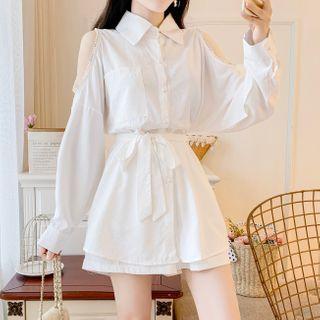 Set: Long-sleeve Cold Shoulder A-line Mini Shirtdress + Shorts