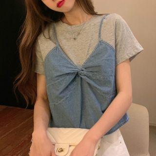 Mock Two-piece Short-sleeve Knot-front T-shirt