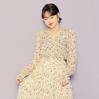 V-neck Printed Long Chiffon Dress