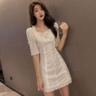 Elbow-sleeve Mini A-line Eyelet Lace Dress