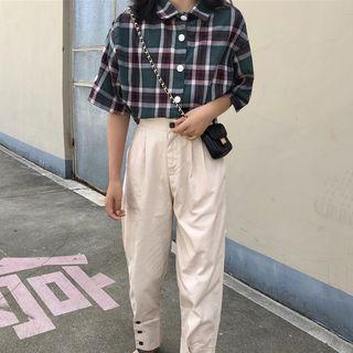Plaid Elbow-sleeve Shirt / Button Detail Pants