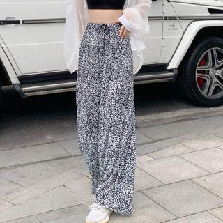 Long-sleeve Collared Light Cardigan / High-waist Print Wide-leg Pants