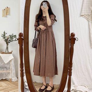 Knit Vest / Plaid Elbow-sleeve Midi A-line Dress / Set