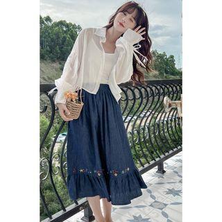 Drawstring Shirt / Floral Embroidered Midi A-line Denim Skirt