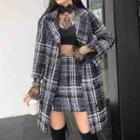 Plaid Double-breasted Coat / Plaid A-line Skirt / Long-sleeve Lace Top / Turtleneck Knit Top