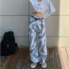 Tie-dyed Straight Leg Jeans / Faux Leather Studded Belt